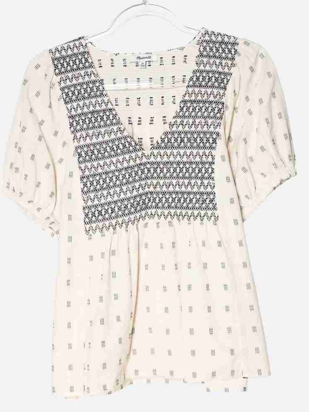 Madewell Cream V-Neck Embroidered Peasant Blouse